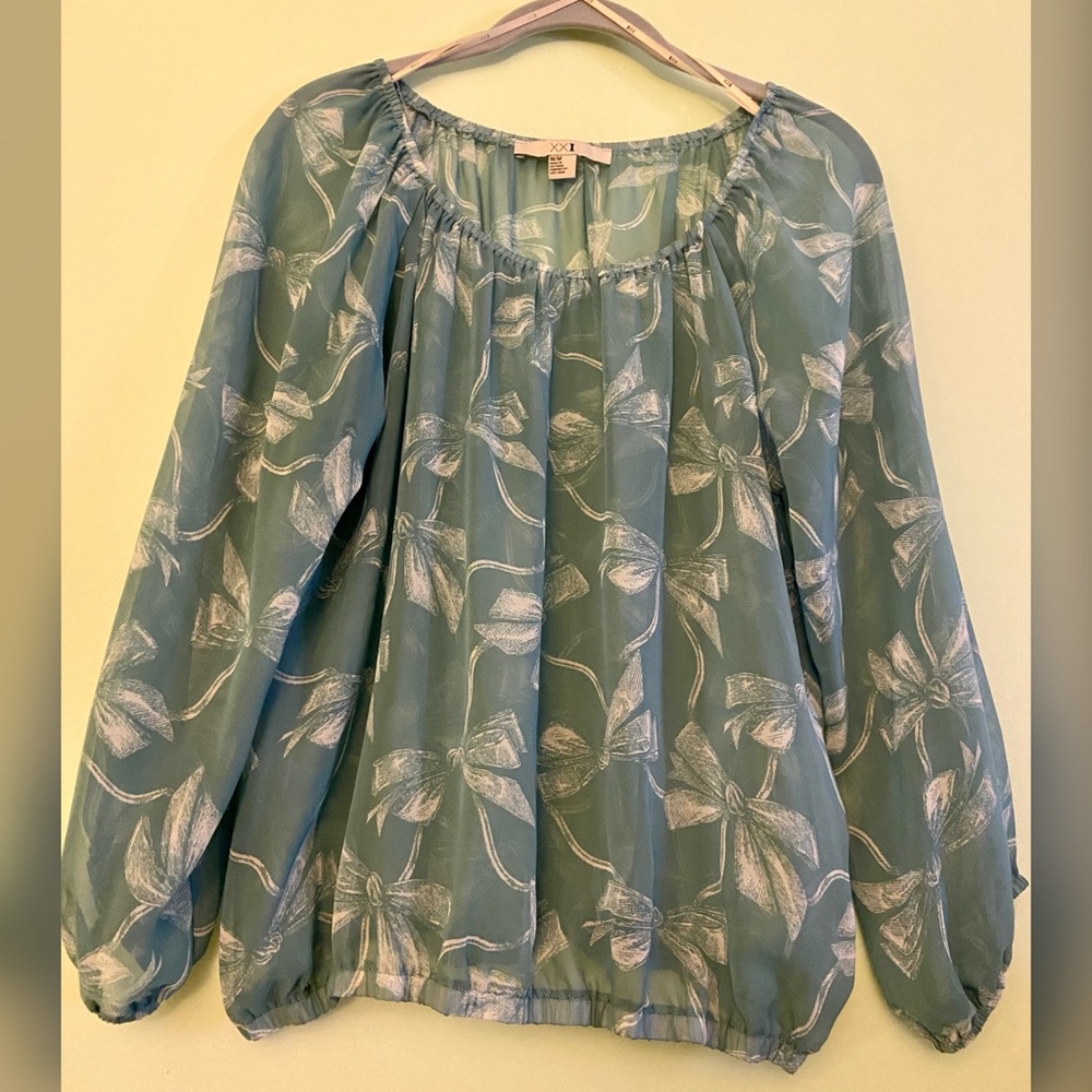 Robin-Blue Sheer Ribbon Design Top